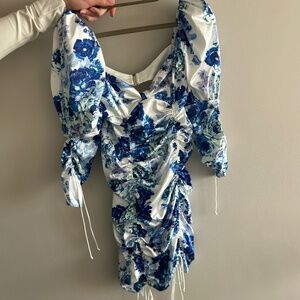 Blue Floral Ruched Puff-Sleeve Mini Dress